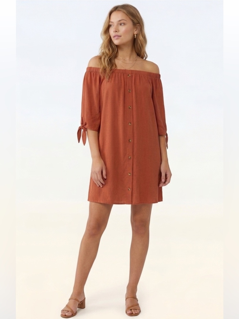 Rue 21 Rustic Brown Off The Shoulder Button Front Short Sleeve Dress Large